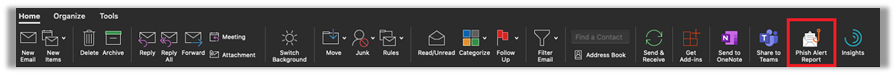 Dark Background; Outlook client ribbon with Phish Alert Button circled in red.